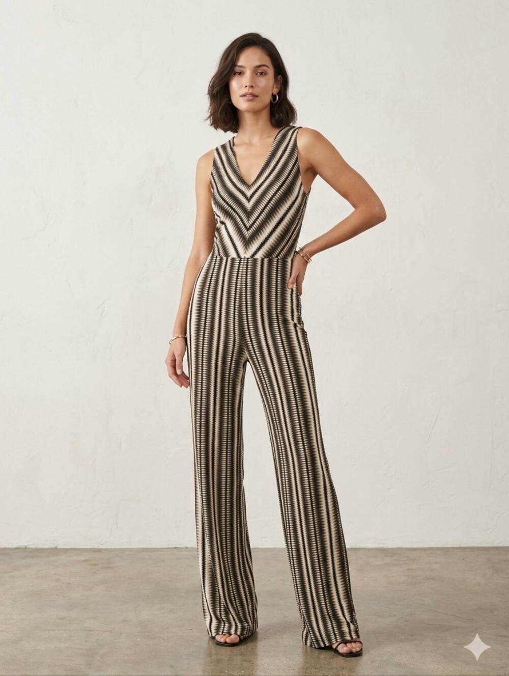 Calvin Klein Sleeveless Chevron & Vertical Stripe Jumpsuit — Black & White